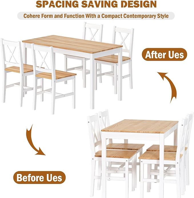 SogesPower Dining Table Set for 4, Wood Rectangular Kitchen Dining Table Set with 4 Chairs, 5-Piece Space-Saving Kitchen Table Set for Dining Room Small Space, White+Oak 43"