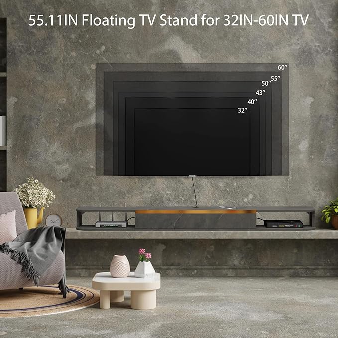 Floating TV Stand, 55'' Wall Mounted Entertainment Center TV Media Console, Floating Shelves with Door, Floating TV Cabinet Large Storage TV Bench for Living Room (Dark Grey, 55.11IN)