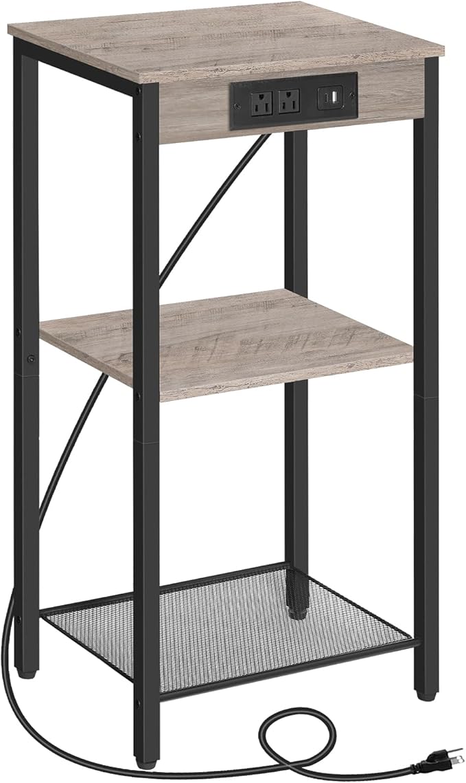 HOOBRO Tall End Table with Charging Station, 30 Inch Tall Nightstand, 3-Tier Side Table with Storage Shelves, for Living Room, Bedroom, Hallway, Greige BG09UDH01G1