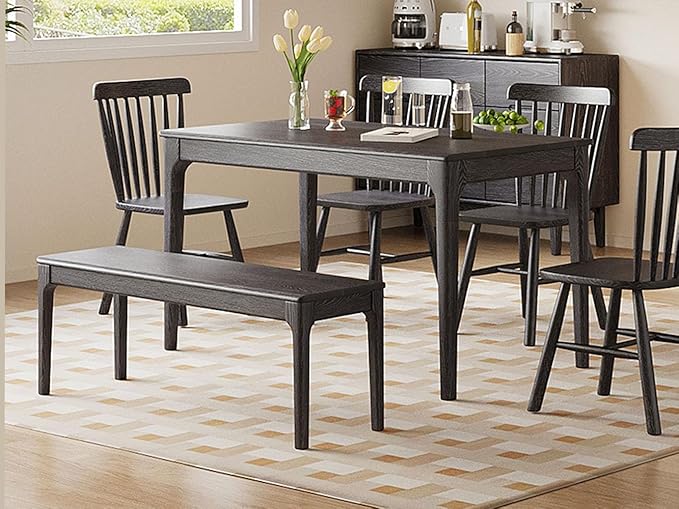 Dining Bench, Wood Bench Solid Oak Wooden Bench Indoor Dining Room Table Home Bedroom Bed End Restaurant Modern Hallway Furniture (Black, 31.5" W x 13.8" D x 17.7" H)