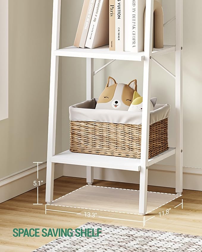 Ladder Shelf, Bookshelf Bookcase, Freestanding Corner Storage Shelve with 2 Hooks for Home Office, Living Room, Kitchen, Bedroom, Industrial, 4-Tier White BC13213W