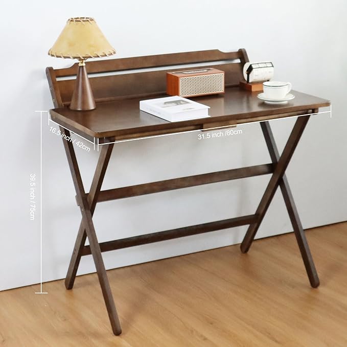 Folding Desk No Assembly Required Small Size, Foldable Computer Desk with Shelf for Home Office, Space Saving Portable Laptop Study Foldable Table for Small Spaces,Walnut Color