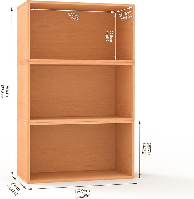 Sebastack 3 Cube Organizer Bookcase, Expandable Storage Shelves, Wooden Open Shelving Unit Book Shelf for Living Room, Office, Bedroom, Beech Color Wood Furniture (1 Set)