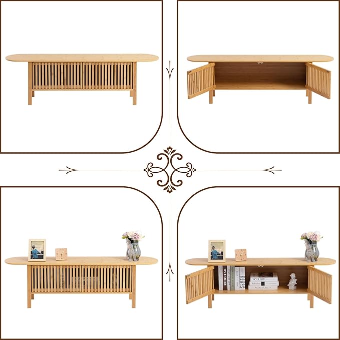 HollyHOME Bamboo TV Stand with Storage for TVs up to 65", Modern Entertainment Center with Fence Door, Accent TV Table with 2 Shelf, Media Console TV Stand for Living Room, Bedroom, Burlywood