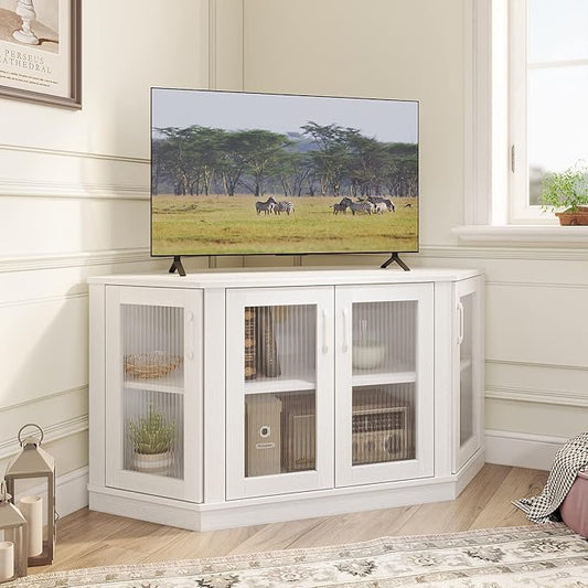 Panana Corner TV Stand - 47 Inch Media Console with 4 Doors and Shelves, Living Room Storage for TVs up to 51 Inch (White)