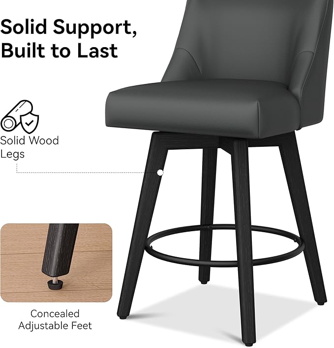 Counter Height Bar Stools Set of 4, Modern Swivel Barstools with Back and Wood Legs, Faux Leather Upholstered Bar Chairs, 26" H Kitchen Counter Stools, Kitchen Island Home Bar, Black Grey