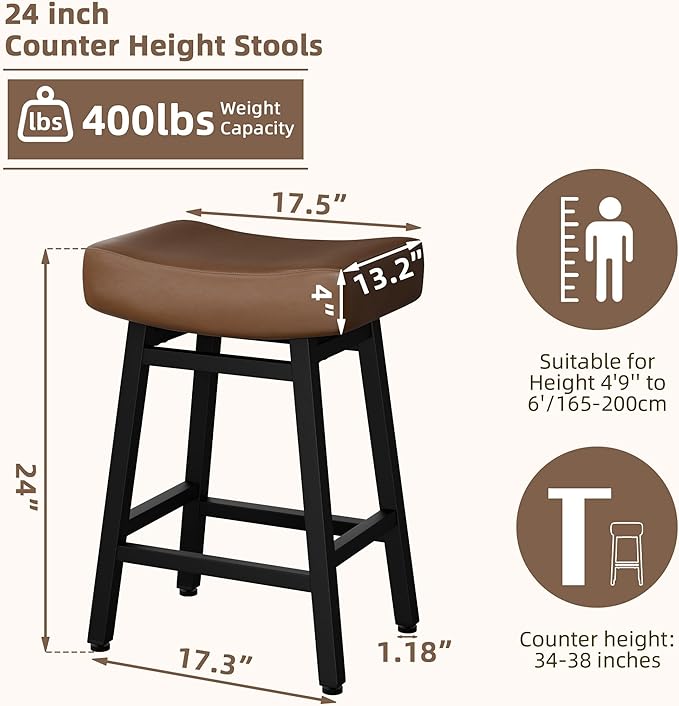 Counter Height Bar Stools Set of 2, 24 Inch Backless BarStools for Kitchen Island Leather Saddle Bar Chairs Kitchen Stools with 4" Thick Seats & Heavy Duty Metal Base, Brown