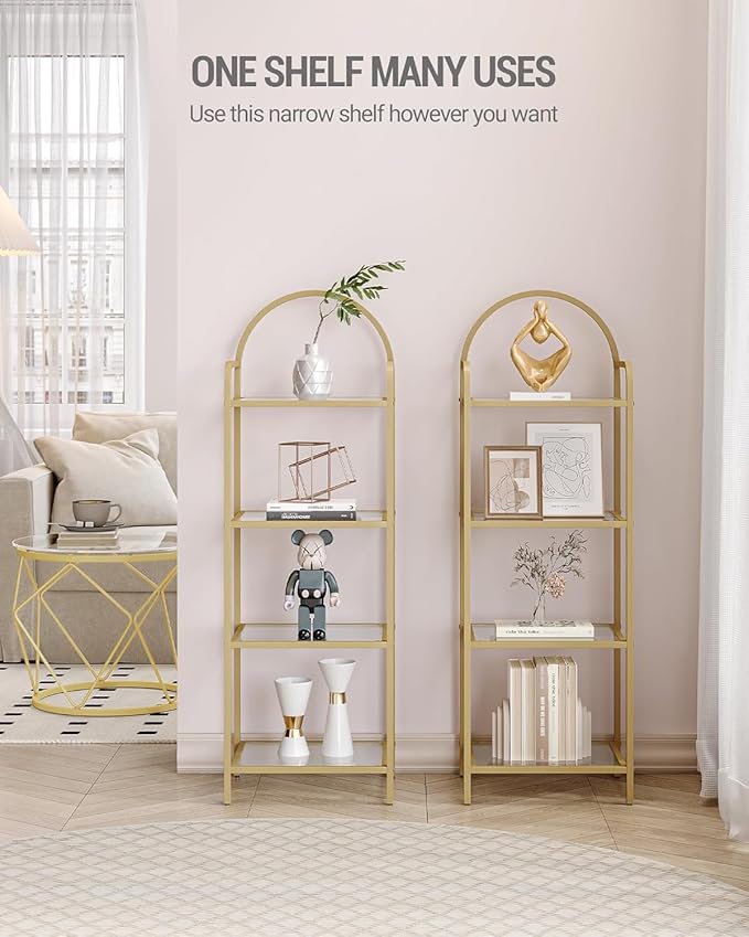 Bookcase Bookshelf, Tempered Glass Bookshelves, Slim Shelving Unit for Bedroom, Bathroom, Home Office, Steel Frame, 4 Tier Gold BC04001G