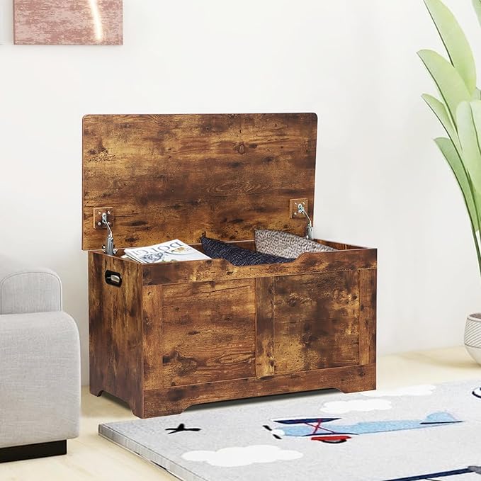 31.5" Storage Chest, Wooden Storage Bench, Lift Top Toy Chest with 2 Safety Hinges, Large Toy Box, Entryway Shoes Bench for Living Room, Bedroom, Rustic Brown