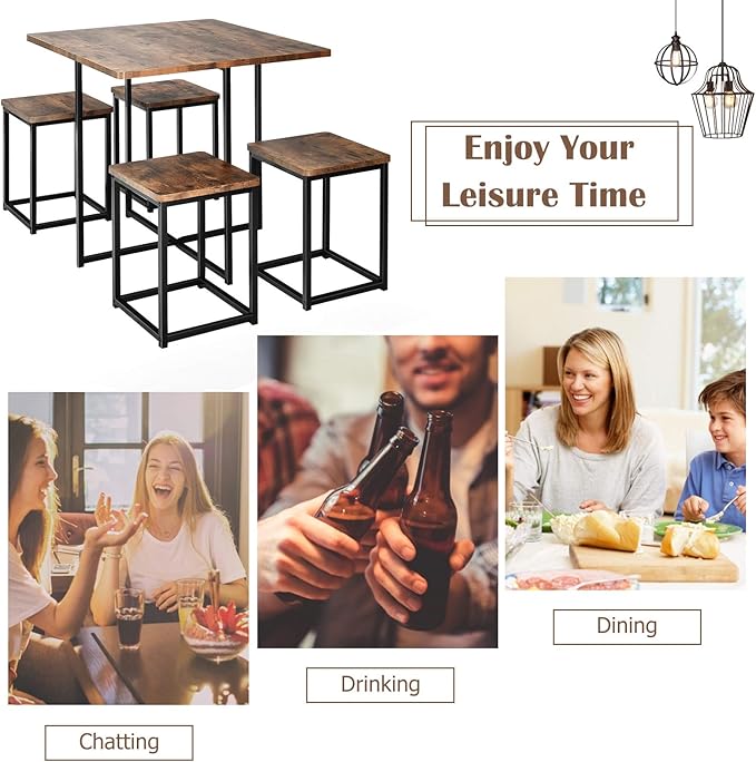 Giantex 5 Piece Dining Table Set, Dining Set for 4 with Square Stools, Small Kitchen Table Set with Metal Frame, Compact Design for Small Space, Home Kitchen Bar Pub Apartment