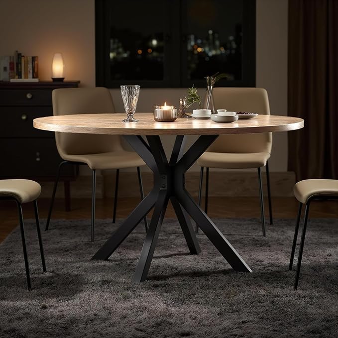 47 Inch Round Dining Table for 4, Modern Round Dinner Table Small Mid Century Dining Room Tables, Leisure Kitchen Tables for Small Space, Kitchen, Living Room, Steel Legs, Black & Natural