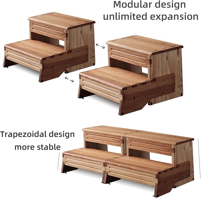 16" Wooden Two Step Stool for Adult & Kid, Wider, Deeper & Safer Bedside Steps, Anti-Slip. Riser 2-Step Spa & Hot Tub Stairs for Pool, Heavy Duty for Kitchen, Bathroom, Closet, High Bed Step
