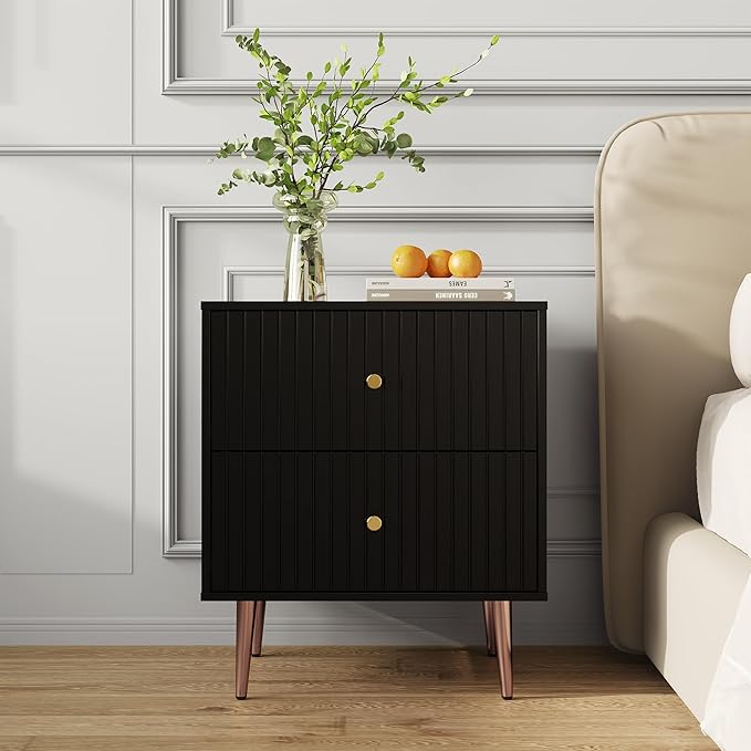 Black Night Stand Set 2,Modern Bedside Table with 2 Drawers Storage,Fluted Nightstand and Wood End Side Table with Rose Gold Metal Legs and Handles for Bedroom,Black