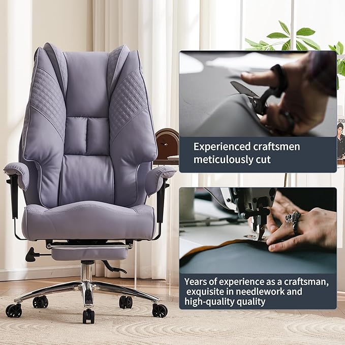 Big and Tall Office Chair 400lbs Wide Seat, Leather High Back Executive Office Chair with Foot Rest, Ergonomic Chairs Lumbar Support for Lower Back Pain Relief (Light Purple)