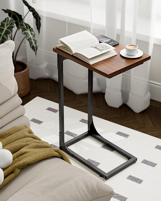 C-Shaped Side Table for Couch - Small Coffee Stand Sofa Tray Desk with Metal Frame and Waterproof Scratch Resistant, Modern End Accent for Living Room, Bedroom, Small Spaces, Rustic Walnut