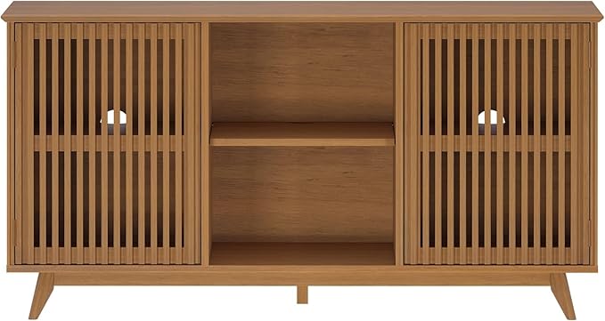 Plank+Beam Mid-Century Modern Wood TV Stand, Solid Wood Entertainment Console with Storage, 59" L x 16" W x 30" H, Pecan