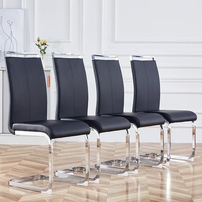 Dining Chairs Set, Kitchen Modern Metal Chairs with Faux Leather Padded Seat High Back and Sturdy Chrome Legs, Chairs for Dining Room (Black-1, Set of 4)