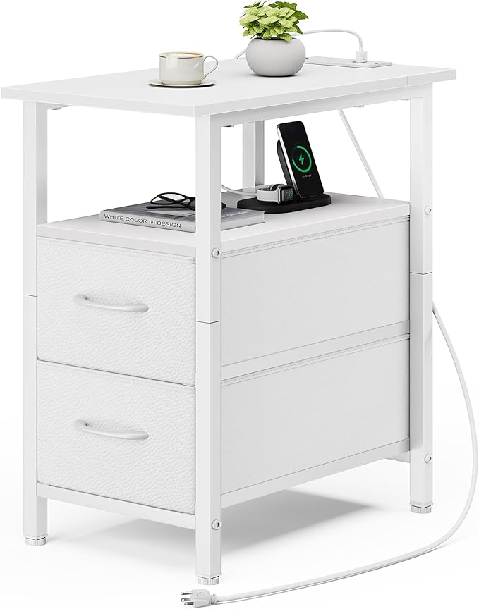 Vagusicc White End Table with Charging Station, Narrow Side Table, 23.8'' Tall Nightstand with 2 Fabric Drawers, Small Sofa Side Table Narrow Nightstand for Small Spaces, Living Room, Bedroom, White