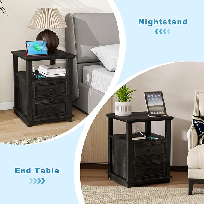 Vipbear Farmhouse Nightstand 18" Dark Gray End Table with Charging Station & 2 Drawers, Rustic Bedside Table with Storage Shelf for Bedroom, Living Room,18.1" D x 18.1" W x 24.2" H, Set of 2