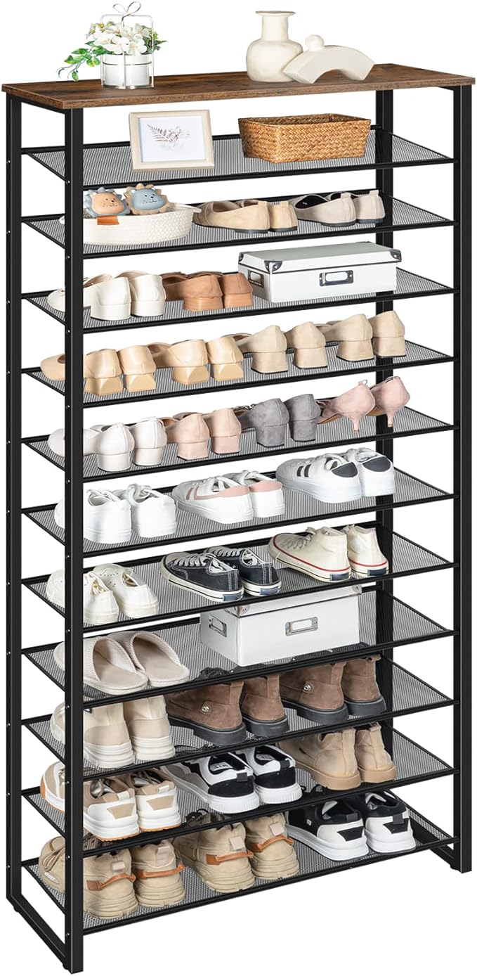 HOOBRO 12-Tier Shoe Rack, 29.5" L Shoe Storage Organizer, Large Capacity Shoe Shelf for Front Door Entrance, Entryway, Closet, Holds 36-48 Pairs of Shoes, Closet, Rustic Brown and Black BF127XJ01