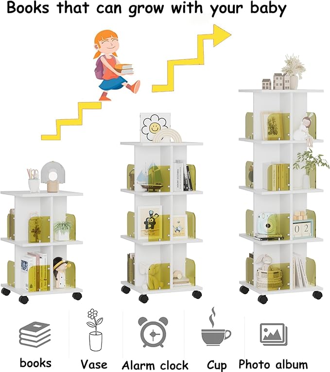 VECELO Rotating Bookshelf with Brake Wheels, 360°Display 4 Tier Floor Stackable Spinning-Bookshelf Tower for Kids&Adults, Revolving Bookcase for Small Space,Corner(White)