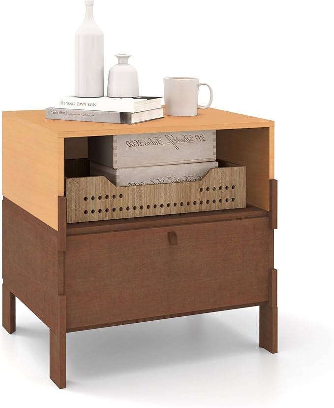 SBS-AL-21-23 Sebastack Night Stand, Customizable 2 Drawers Bedside Table, End Table, Side Table for Bedroom, Mid-Century Style Wood Chest of Furnitures, Basswood and Walnut Color Combo