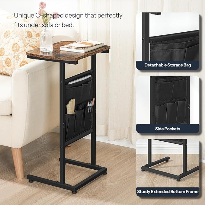 HOOBRO C Shaped End Table with Storage Bag, 28.3" Tall Small Side Table for Couch, Slide Under Sofa, TV Tray for Small Place, Sturdy Frame, Living Room, Bedroom, Rustic Brown and Black BF40SF01