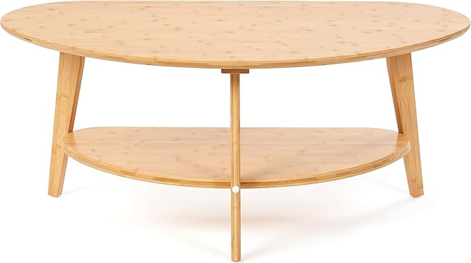 Mid-Century Modern Coffee Table for Living Room, 100% Solid Wood Oval Coffee Table, 2 Tier Wooden Coffee Tables for Home Office Livingroom, 40.2 x 22 Inches Easy Assemble (Natural)