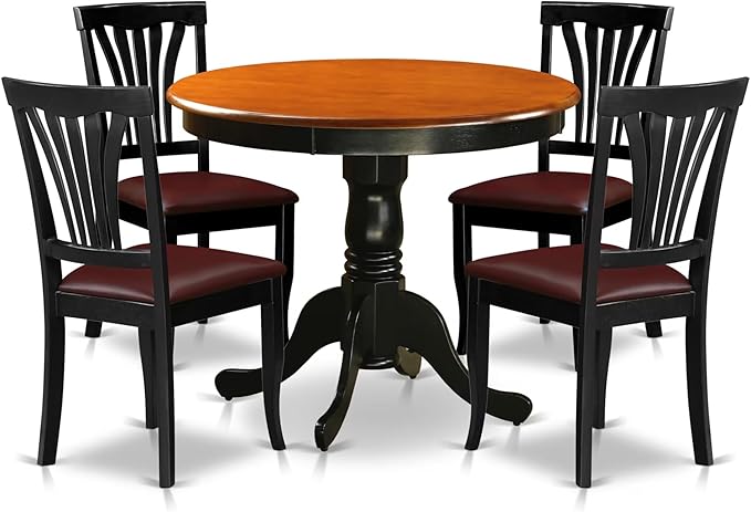 East West Furniture ANAV5-BLK-LC 5 Piece Dinette Set for 4 Includes a Round Kitchen Table with Pedestal and 4 Faux Leather Dining Room Chairs, 36x36 Inch, Black & Cherry