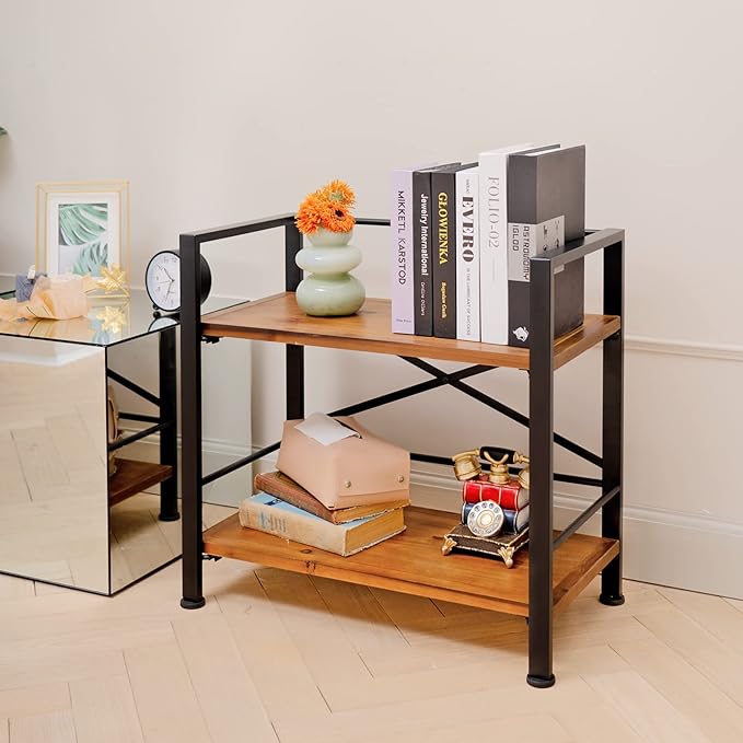 Crofy Rustic Bookshelf, 2 Tier Real Wood Bookshelf, Metal Book Shelf for Storage, Black Bookcase, 12.6" D x 23.62" W x 22.83" H