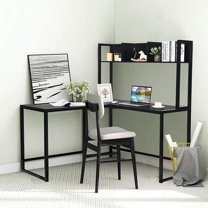 Tangkula Reversible L-Shaped Desk with Hutch, Space Saving Corner Computer Desk with Storage Shelves, Home Office Study Writing Desk Computer Workstation with Storage Bookshelf, Gaming Desk