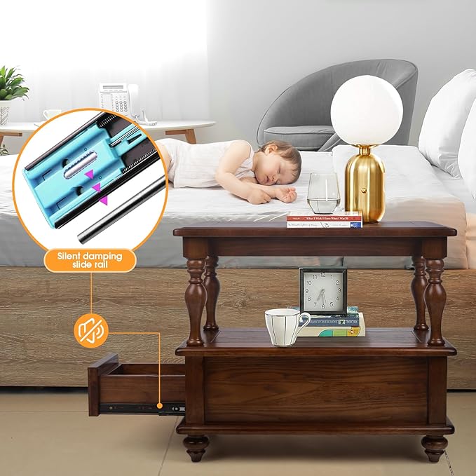 Narrow End Table with 1 Drawer and 2 Hidden Compartments for Living Room, 2-Tier Skinny Couch Side Table with Storage Shelves for Small Spaces, Solid Wood Slim Nightstand for Bedroom, Walnut