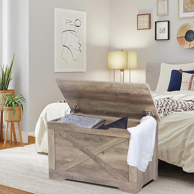 Storage Chest, Wooden Storage Bench, Entryway Shoes Bench with 2 Safety Hinges, Retro Storage Trunk for Living Room,Bedroom, 15.7 x 31.5 x 18.9 Inches, Grey