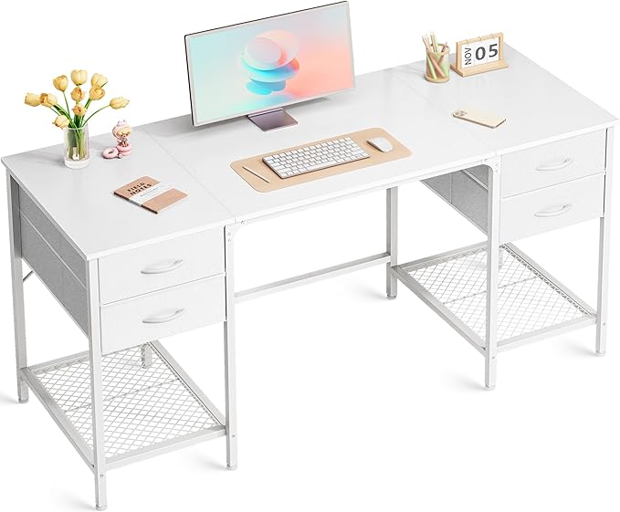 Huuger 55 Inch White Desk with 4 Drawers, Vanity Desk with Mesh Shelf for Makeup, Computer Desk for Home Office with Large Storage, Bedroom, Work from Home