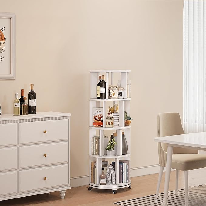 4 Tier Rotating Bookshelf Tower, 360 Spinning Bookcase Carousel with Lockable Wheels, Round Lazy Susan Organizer for Corner Bookshelf, Solid Wood Revolving Bookcase for Kids Room, Bedroom, Living Room