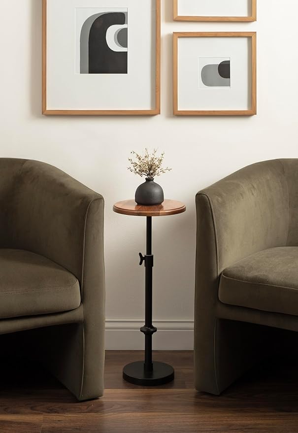 Kate and Laurel Engles Modern Adjustable-Height Pedestal Drink Table; 10 x 10 x 30; Natural Wood and Black; Transitional Round Indoor Metal Plant Stand with Solid Wood Tabletop
