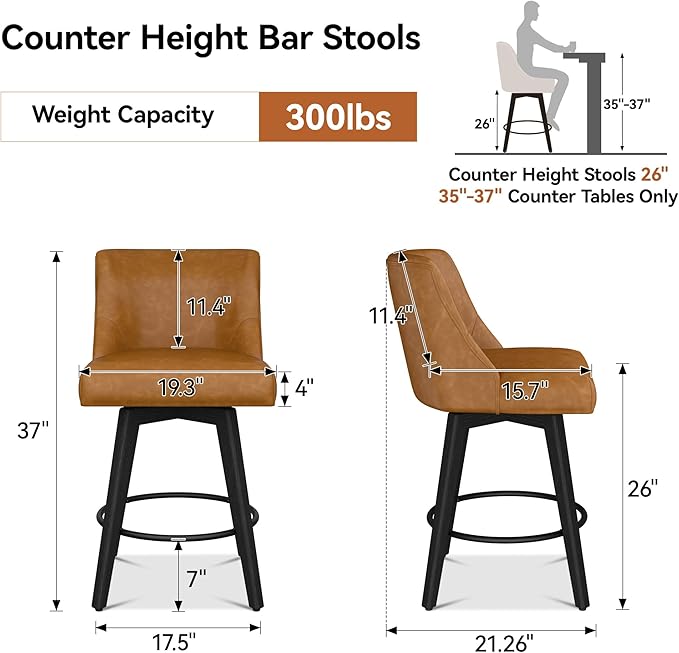 Counter Height Bar Stools Set of 2, Modern Swivel Barstools with Back and Wood Legs, Faux Leather Upholstered Counter Height Stools, 26" H Kitchen Island Stools, Home Bar, Whisky Brown