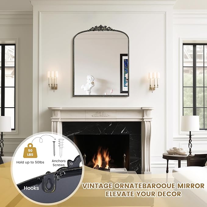 WallBeyond Gold Vintage Arched Mirror, 28x36 Inch, Black Ornate Frame, Wall Mounted, Rectangular, Art Deco Style for Bathroom, Living Room, Bedroom