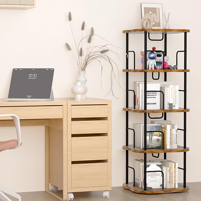 4-Tier Rotating Book Shelf, 360° Display Spinning Bookshelf Tower, Book Organizer, Floor Standing Bookcases for Small Space, Corner Book Shelf for Bedroom, Living Room, Study Room (RUSTIC BROWN)