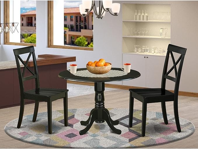 East West Furniture DLBO3-BLK-W 3 Piece Dining Table Set for Small Spaces Contains a Round Dining Room Table with Dropleaf and 2 Wood Seat Chairs, 42x42 Inch, Black