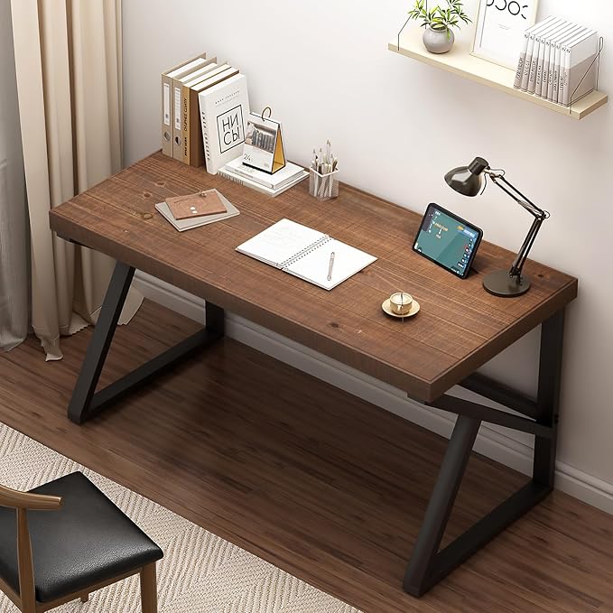 IBF Natural Real Wood Desk, Minimalist 47” Solid Wood Computer Desk, Rustic Desk for Home Office Writing Study, Vintage Industrial Wooden PC Gaming Workstation Computer Table, Brown, 47 Inch
