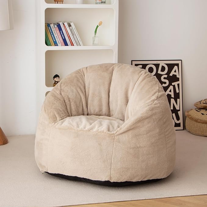 N&V Large Shell Bean Bag Chair, Adult Size Bean Bag Sack, Foam Filling, Includes Removable and Machine Washable Cover, 40in, Soft Faux Fur, Champagne