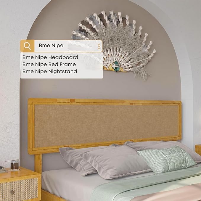 Bme Nipe Queen 14 Inch Bohemian Bed Frame with Adjustable Woven Headboard - Rustic & Vintage Unique Style with Acacia Wood - No Box Spring Needed - Easy Assembly - Natural