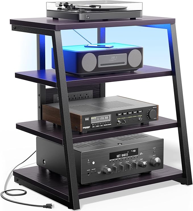 AV Media Stand with Outlets, Media Console with LED Lights, Stereo Racks and Stands with Storage Shelves, Media Audio Tower Cabinet, Black Enoby