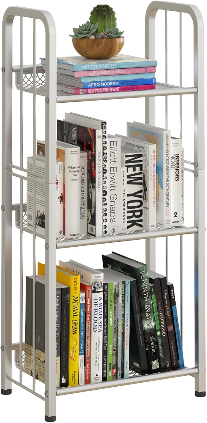 Bookshelf Storage Shelf Small Bookcase Freestanding Storage Stand for Living Room, Bedroom, Kitchen Rust Resistance, Easy Assembly Free Combination Multi-Functional Organizer (3 Tiers, White)