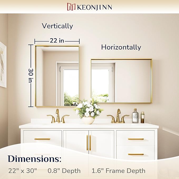 Keonjinn Brushed Shiny Gold Bathroom Mirror 22 x 30 Inch, Rectangle Gold Vanity Mirror for Wall, Aluminum Alloy Metal Framed, Modern Farmhouse, Square Corner, Brass Mirrors for Over Sink