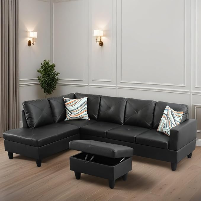 L Shaped Sectional Couches for Living Room, Modular 4 Seat Sofa with Ottoman Storage, Modern Couch with Chaise for Bedroom Apartment Furniture, Black