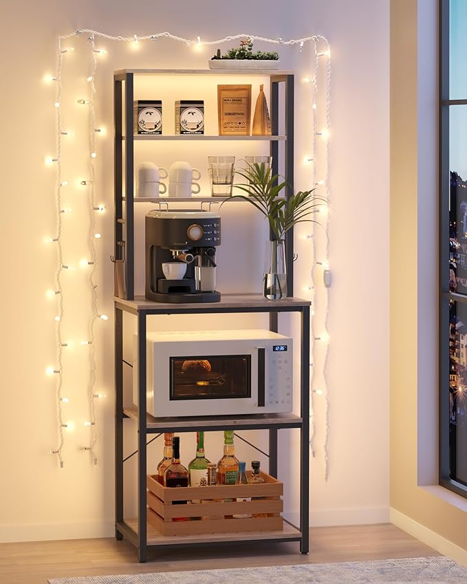VASAGLE Coffee Bar, Baker’s Rack for Kitchen with Storage, 6-Tier Kitchen Shelves with 6 Hooks, Microwave Stand, Industrial, 15.7 x 23.6 x 65.7 Inches, Greige and Black UKKS024B02