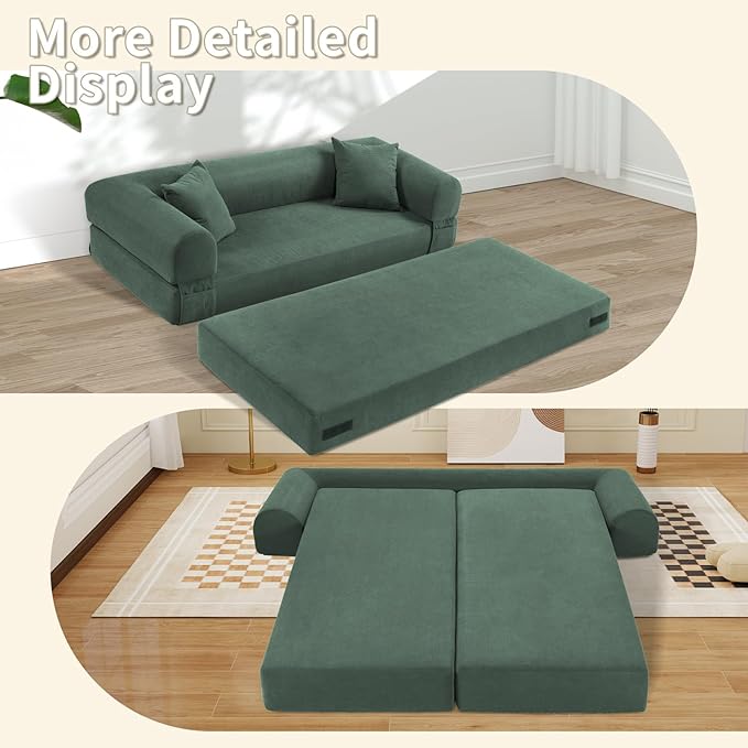 80" Convertible Sofa Bed, Corduroy Deep Seat Folding Pull Out Couch with Pillows, No Assembly Modern Boneless Couch Compression Sofa in Box, Floor Sofa with Storage Pocket for Living Room,Light Green