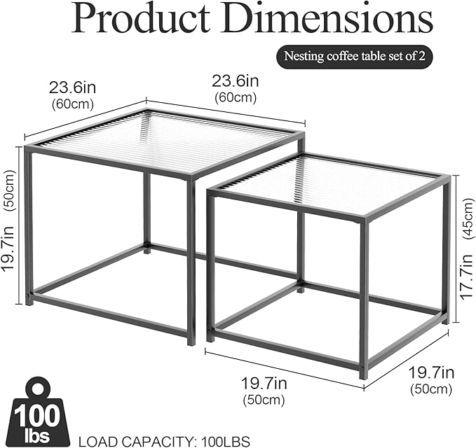 Garden 4 you Coffee Table Set of 2, Modern Patterned Glass Nesting Table, Metal Frame Square Center Table Set, Side Tables, Nesting Coffee Table for Living Room, Bedroom and Small Spaces, 23.6in Black